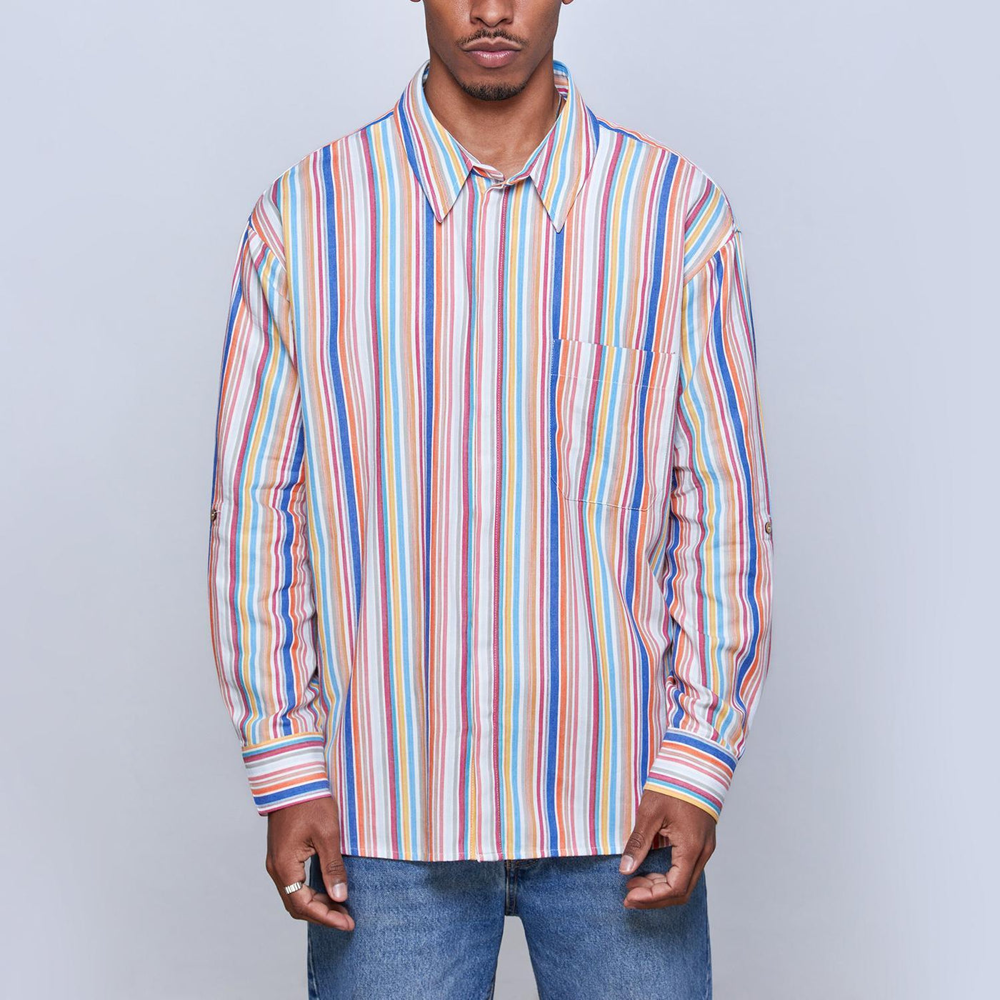 Rainbow Striped % 100 Cotton Loose Long Sleeve Shirt