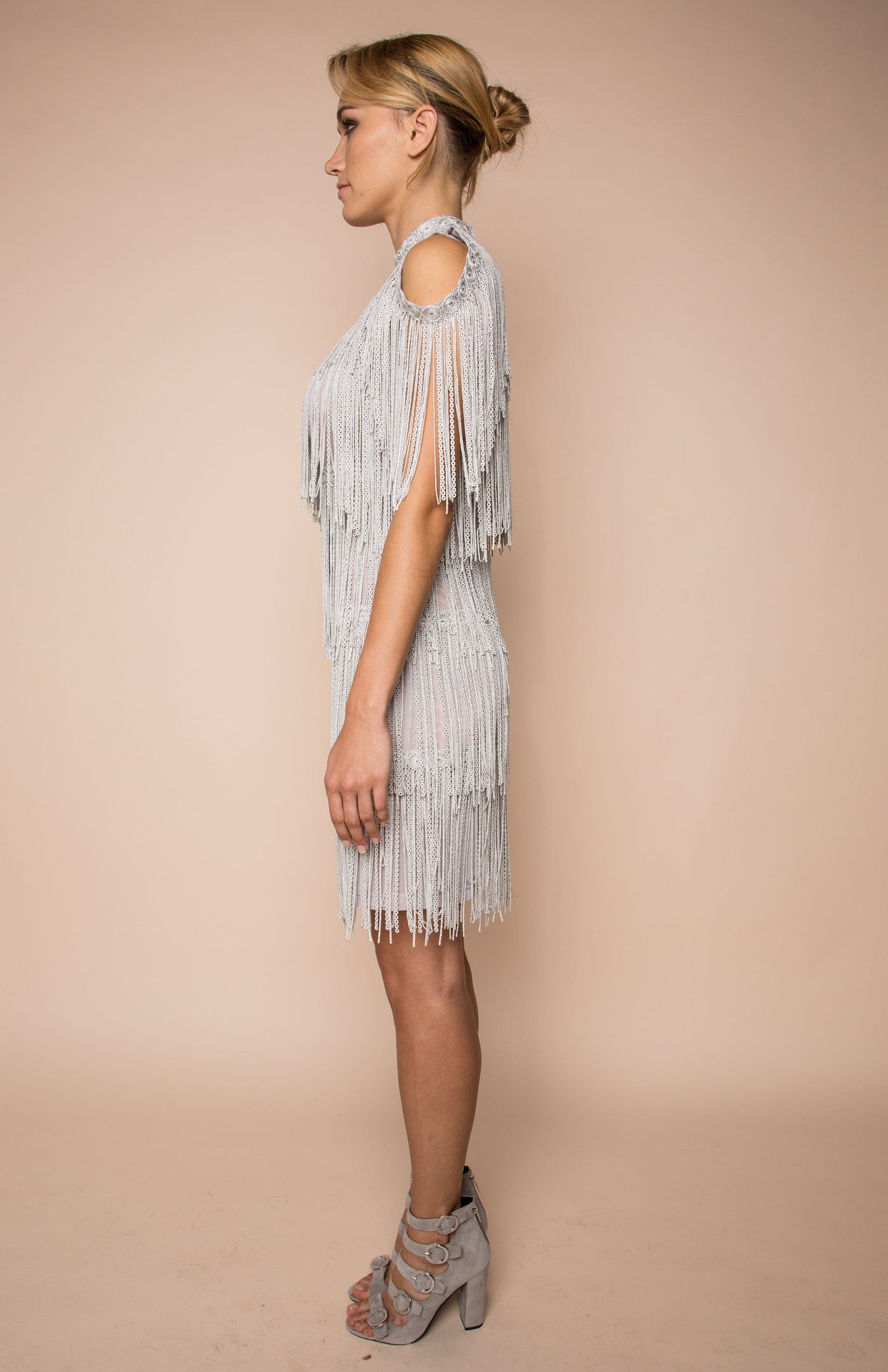 Silver grey fringe multi-layered dress