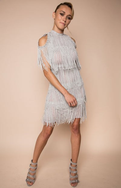 Silver grey fringe multi-layered dress