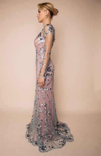 Silver and grey sequin embellished gown