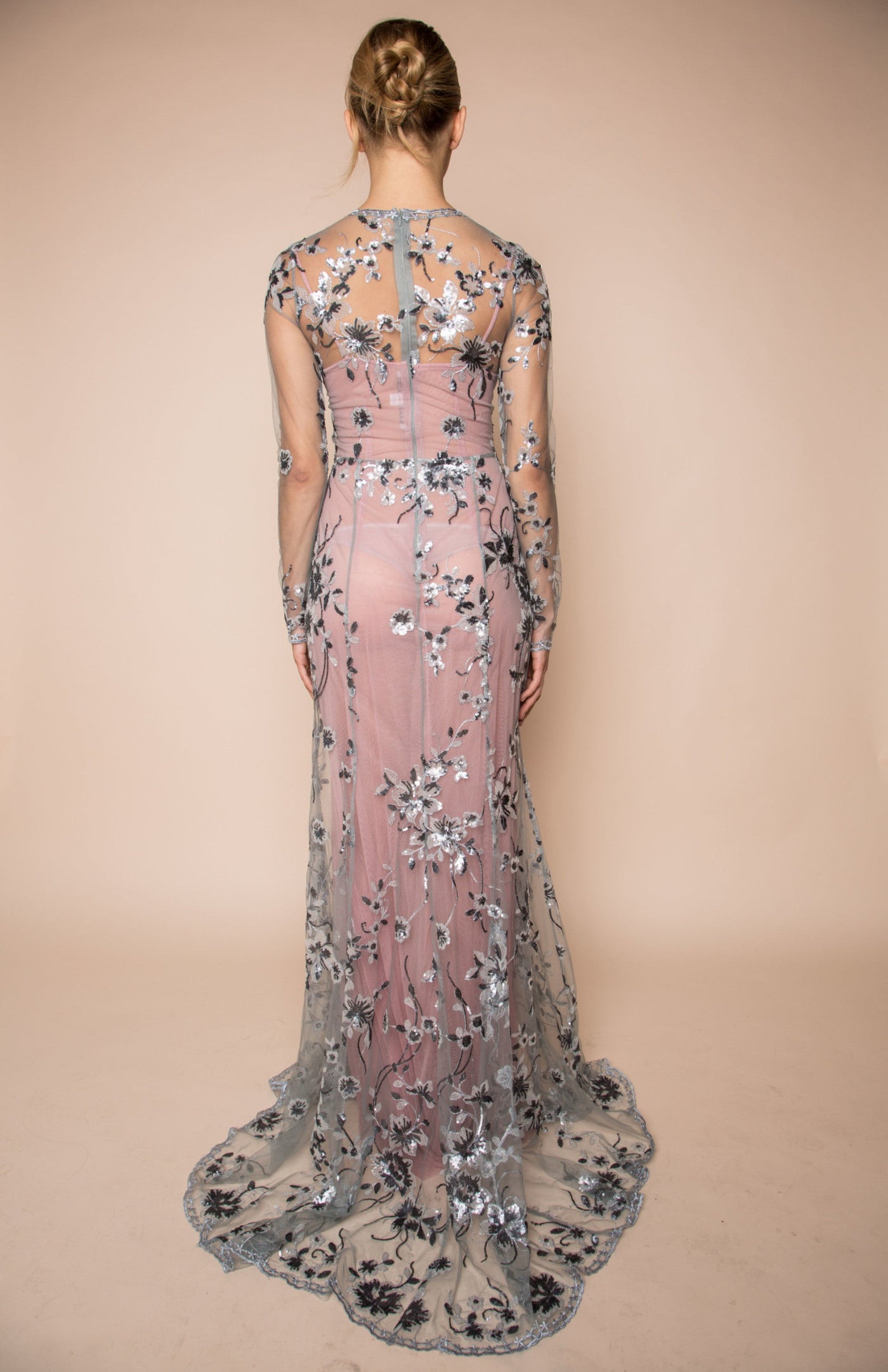 Silver and grey sequin embellished gown