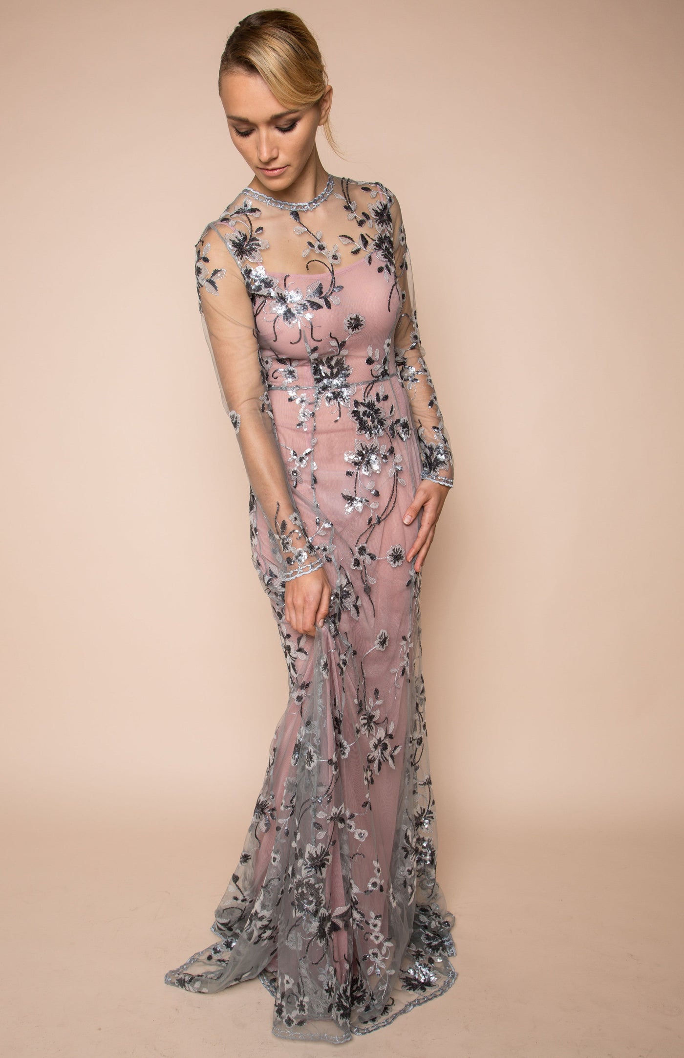 Silver and grey sequin embellished gown
