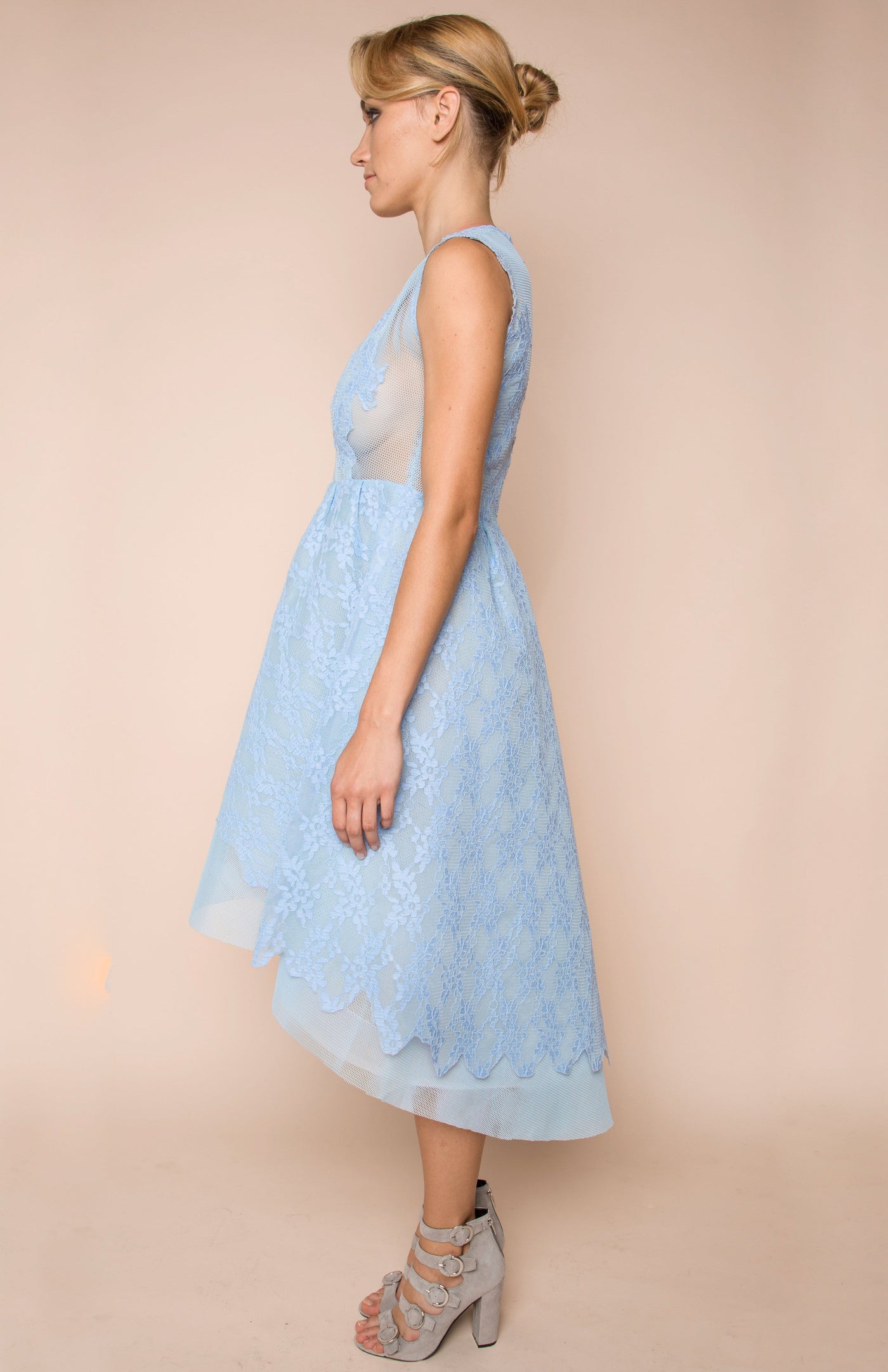 mesh lace embellished high low dress