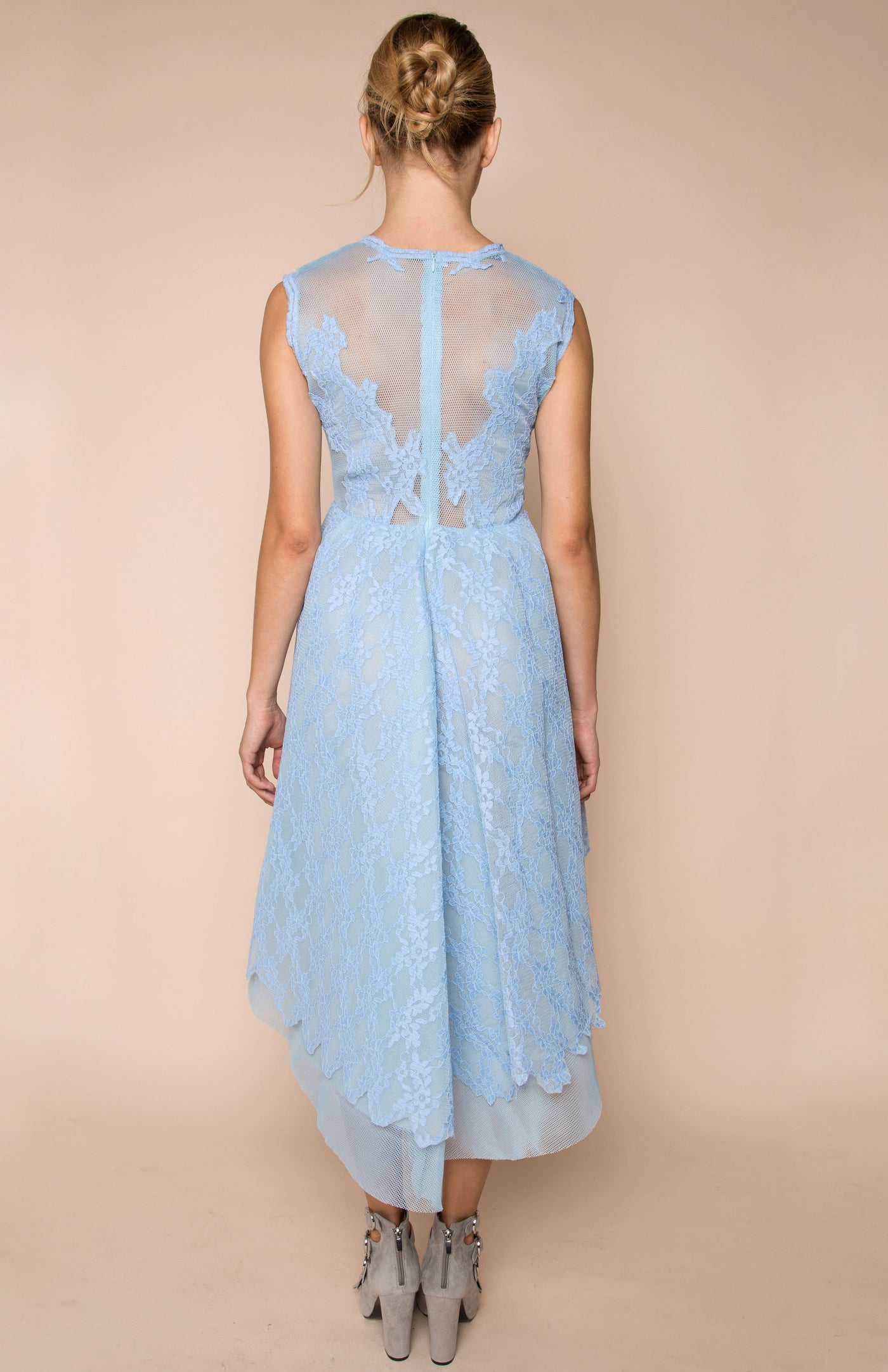 mesh lace embellished high low dress