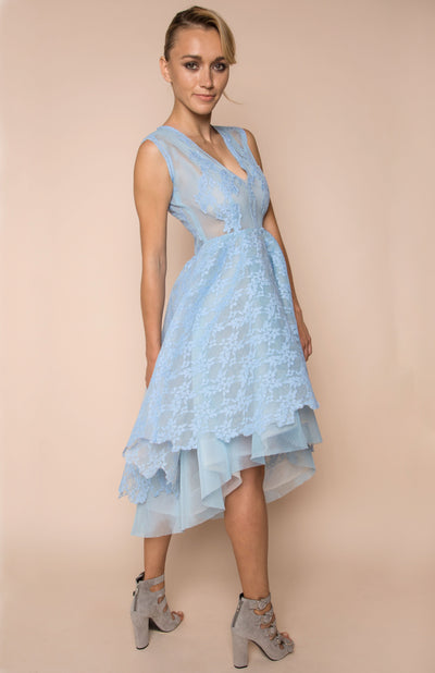 mesh lace embellished high low dress