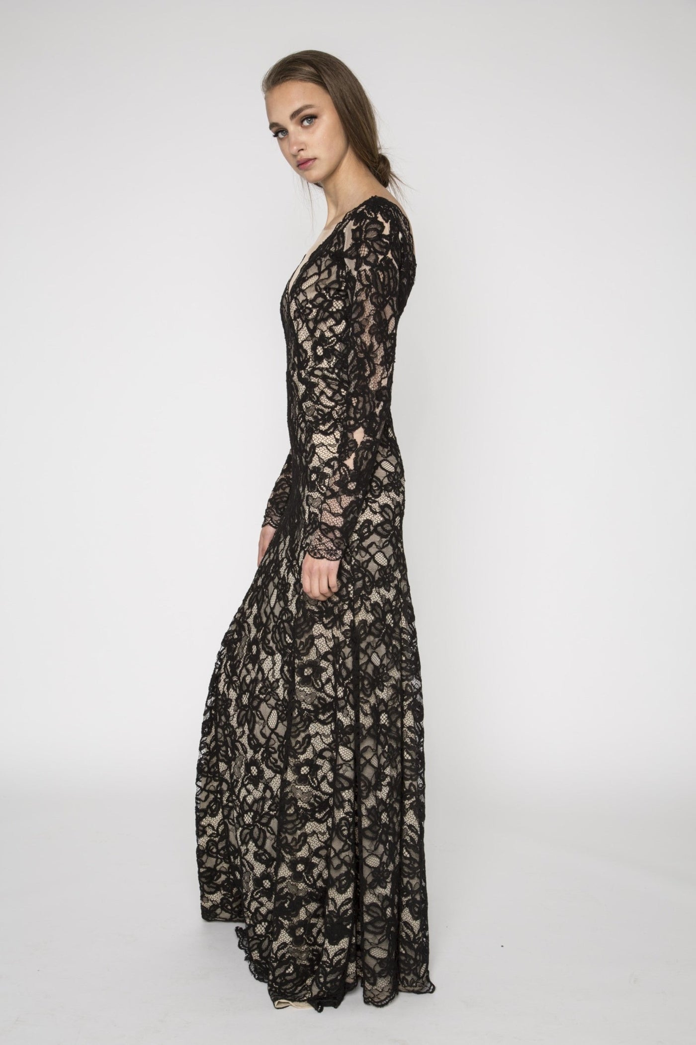 Black lace embellished long sleeve gown