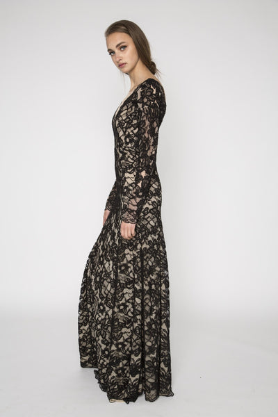 Black lace embellished long sleeve gown
