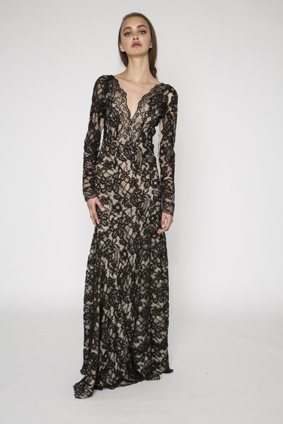 Black lace embellished long sleeve gown