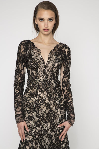 Black lace embellished long sleeve gown