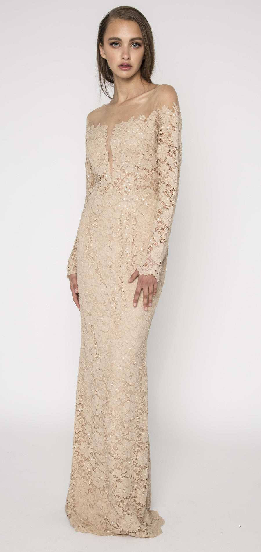 Embellished Champagne lace off shoulder gown