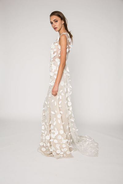 Floral organza sheer backless bridal gown