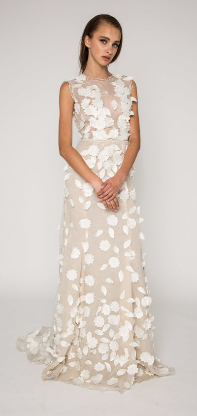 Floral organza sheer backless bridal gown