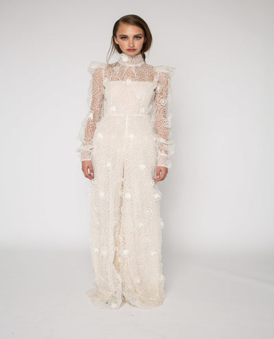 Embroidered ivory organza jumpsuit