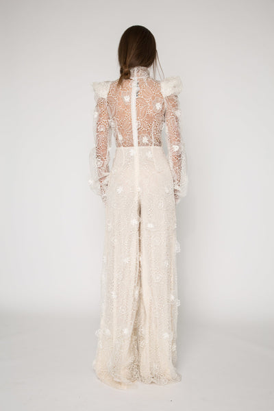 Embroidered ivory organza jumpsuit
