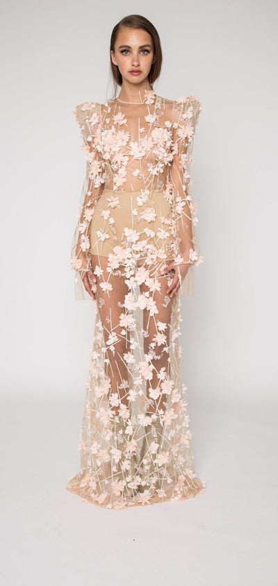 Floral nude mesh sheer gown