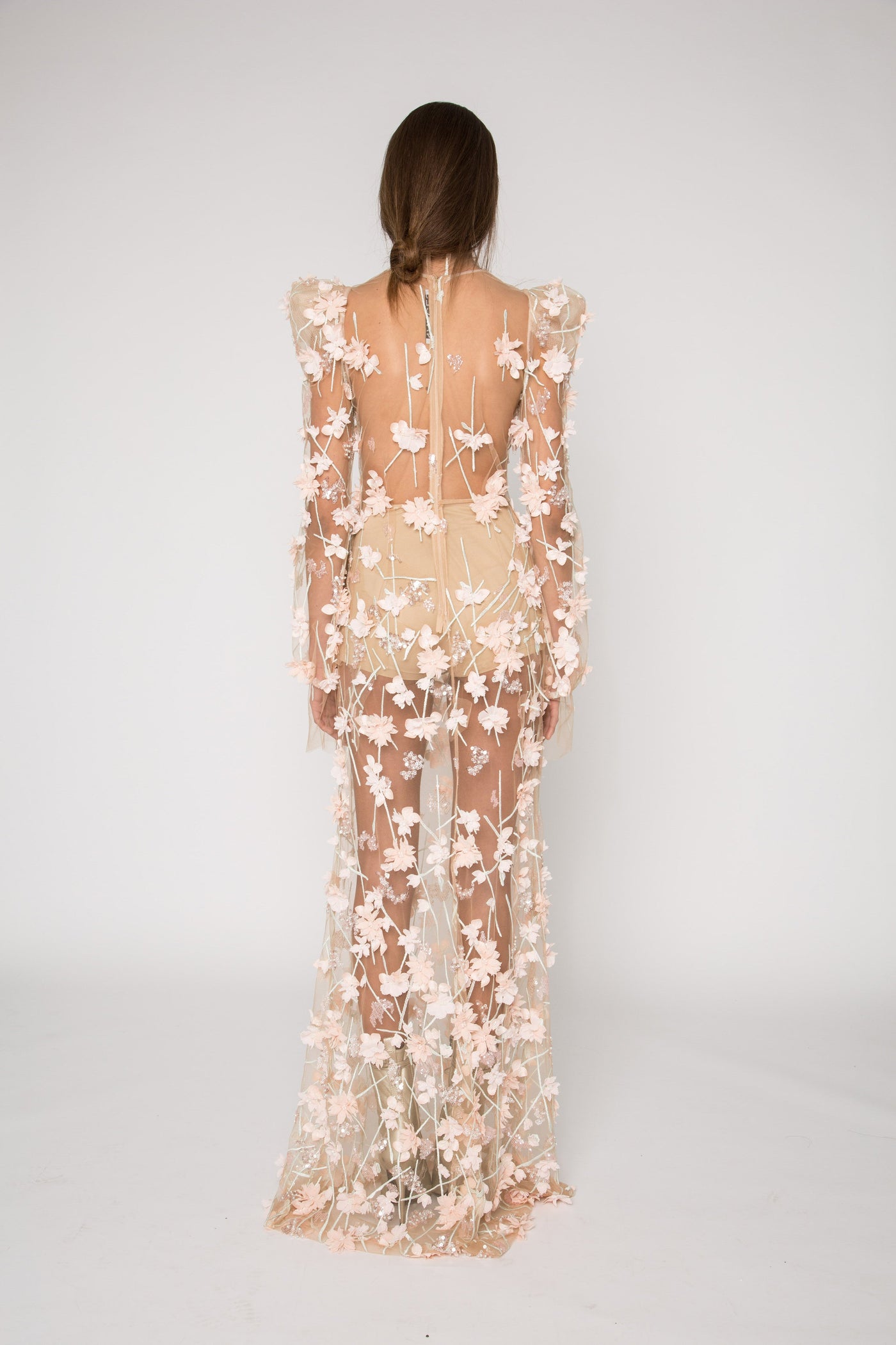 Floral nude mesh sheer gown