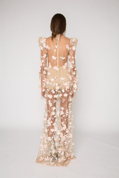 Floral nude mesh sheer gown