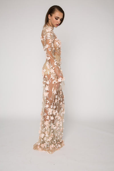 Floral nude mesh sheer gown