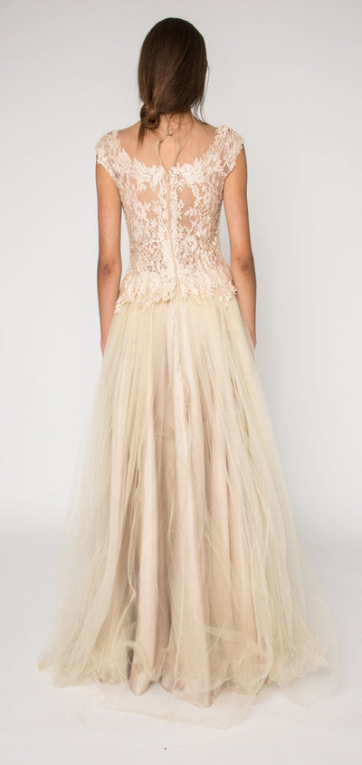 Embellished deep V lace bodice gown
