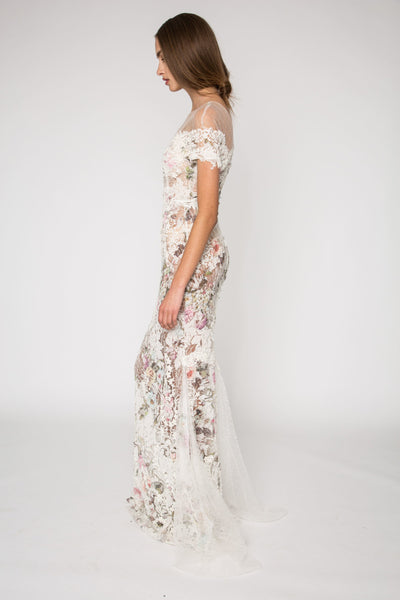 Off shoulder printed lace embellished dress