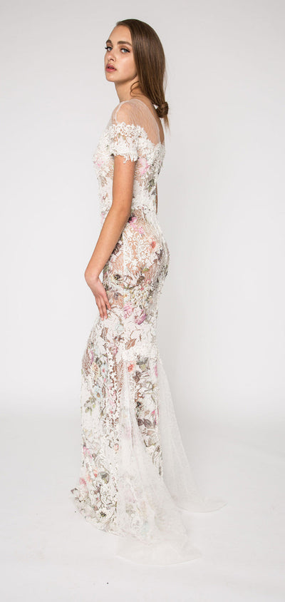 Off shoulder printed lace embellished dress