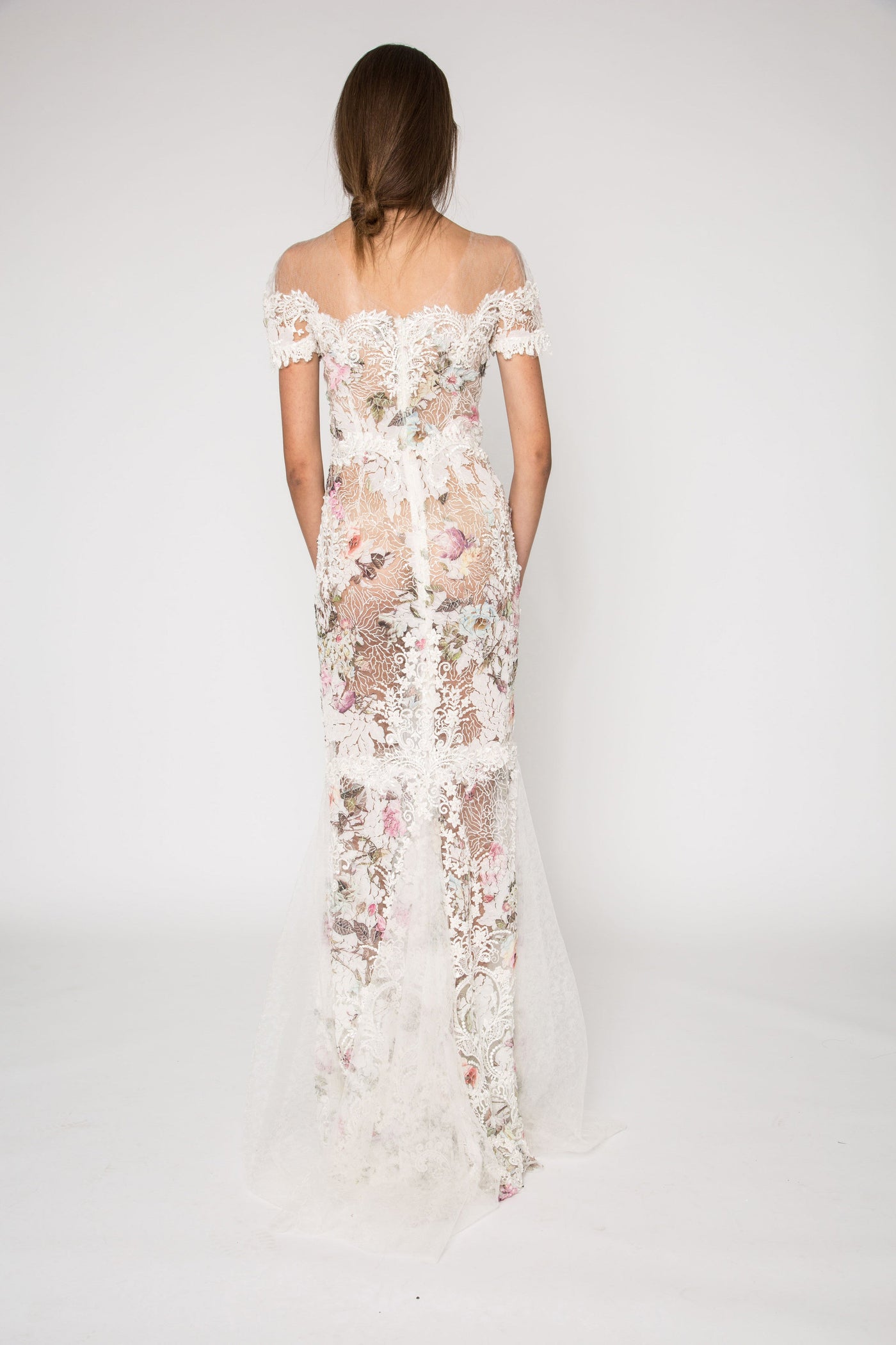 Off shoulder printed lace embellished dress