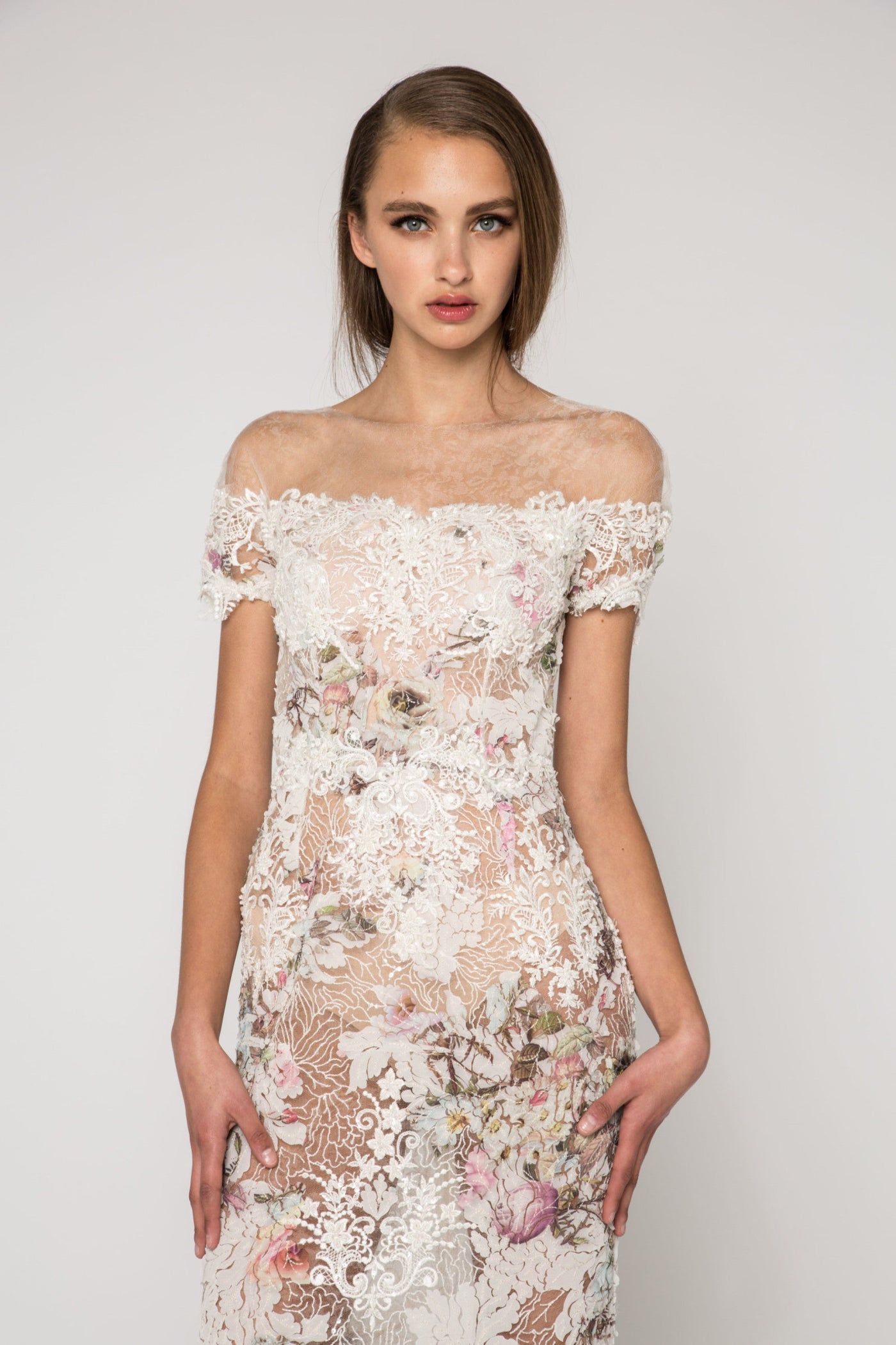 Off shoulder printed lace embellished dress