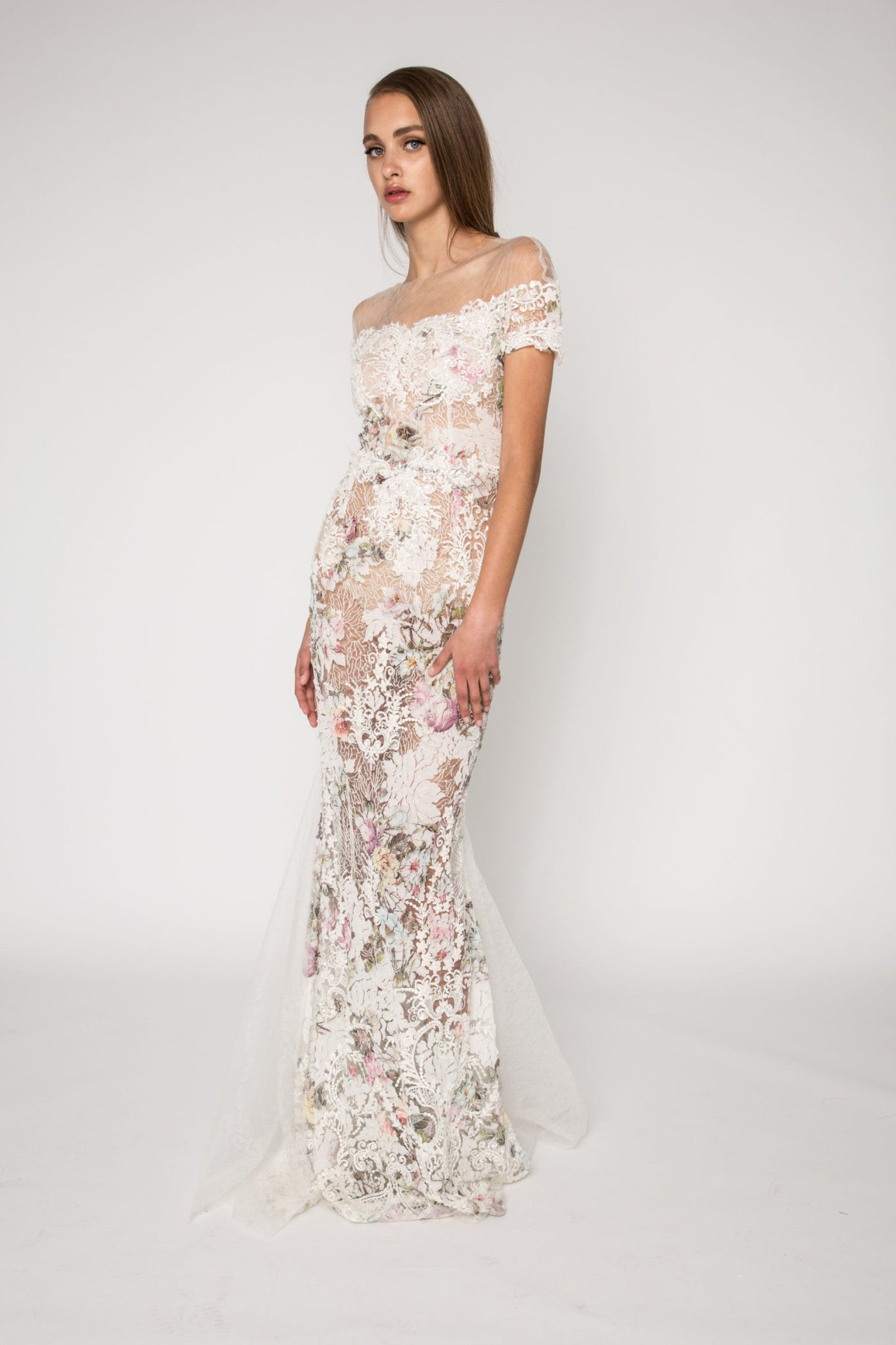 Off shoulder printed lace embellished dress