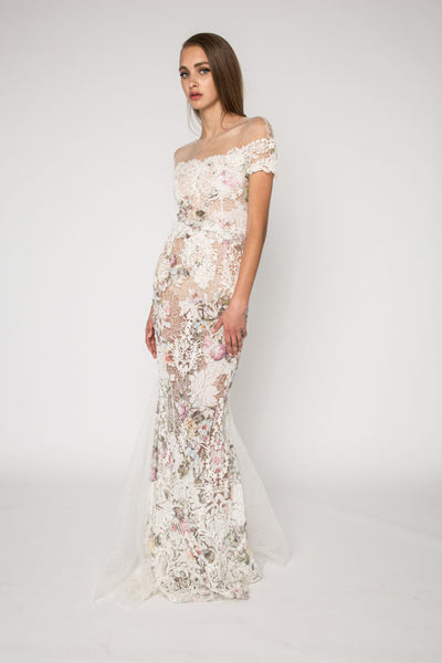 Off shoulder printed lace embellished dress