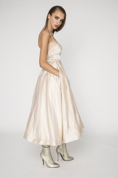 Strapless silk satin midi dress 