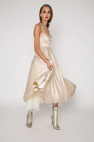 Strapless silk satin midi dress 
