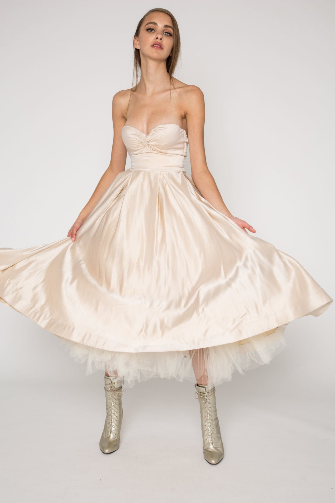Strapless silk satin midi dress 
