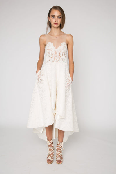 Bridal ivory high low lace embellished strapless dress