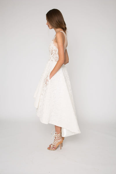 Bridal ivory high low lace embellished strapless dress