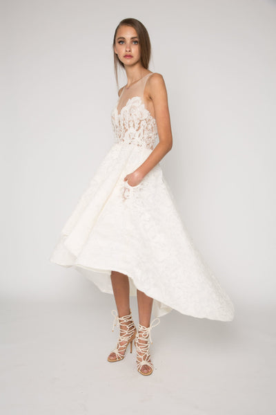 Bridal ivory high low lace embellished strapless dress