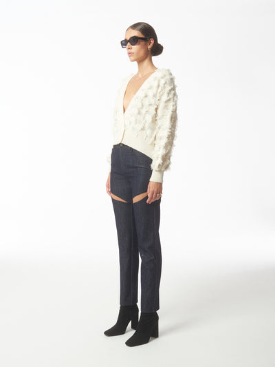 SOUR FIGS Fringed Checkerboard Cardigan in White
