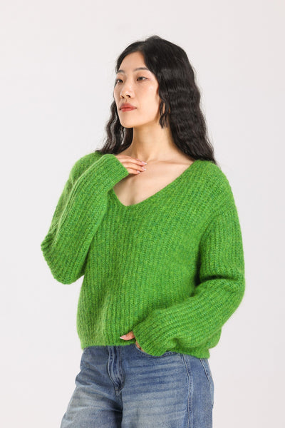 Immy V-neck Basic Alpaca Wool Knit Jumper - Green
