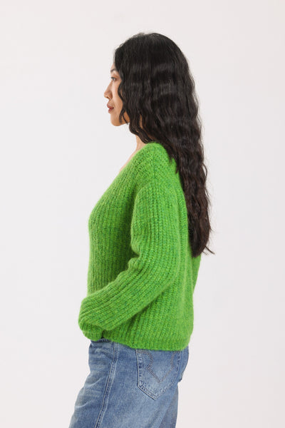 Immy V-neck Basic Alpaca Wool Knit Jumper - Green