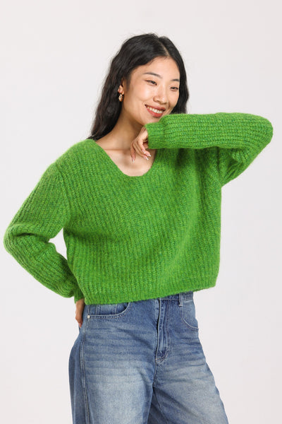 Immy V-neck Basic Alpaca Wool Knit Jumper - Green