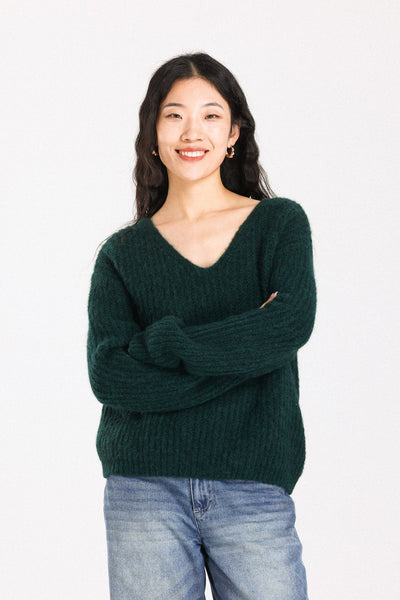 Immy V-neck Basic Alpaca wool  Knit Jumper  - Forest