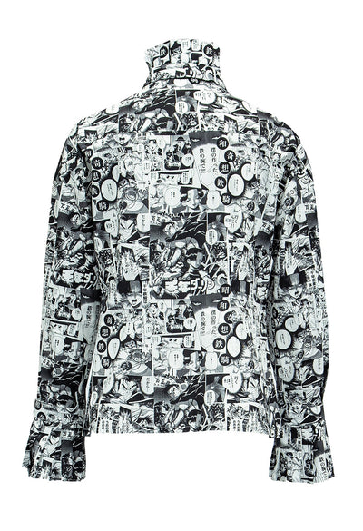 Chelsea - Cotton Blouse in  Comic Print W/ Pleated Collar & Long Bow Tie
