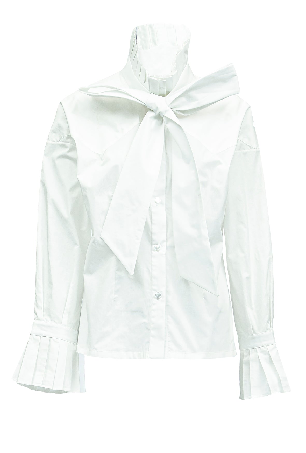Chelsea - Cotton Blouse W/ Pleated Collar & Long Bow Tie
