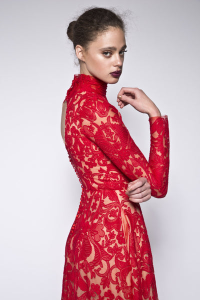 Red high collar lace gown