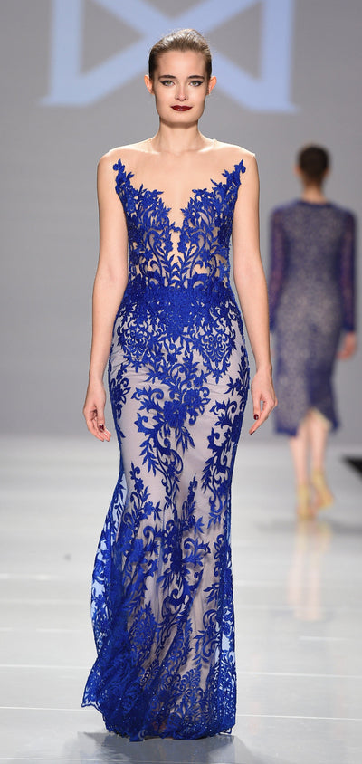 Turquoise off shoulder lace embellished gown