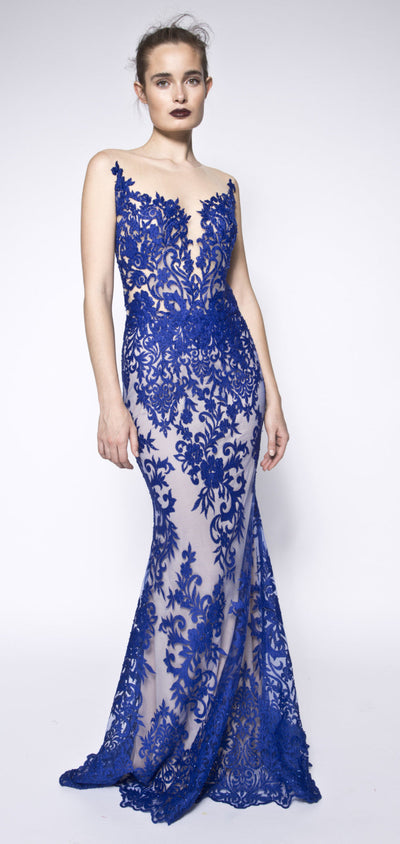 Turquoise off shoulder lace embellished gown