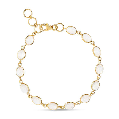 Get ready to glow with our Luna Moonstone Gold Chain Bracelet. With shiny vintage gemstones linked on a dainty recycled gold chain, this bracelet adds a luxe sparkle to any wrist stack.