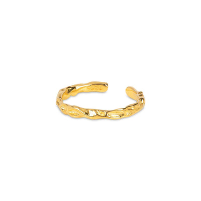 A staple sustainable stacking style, the Petra Gold Stacking Ring, is handfinished with a stone like texture and is fully size adjustable.