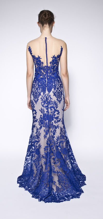 Turquoise off shoulder lace embellished gown