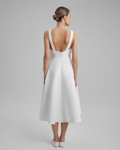 CORA DRESS + FLOWER | V neck midi in white