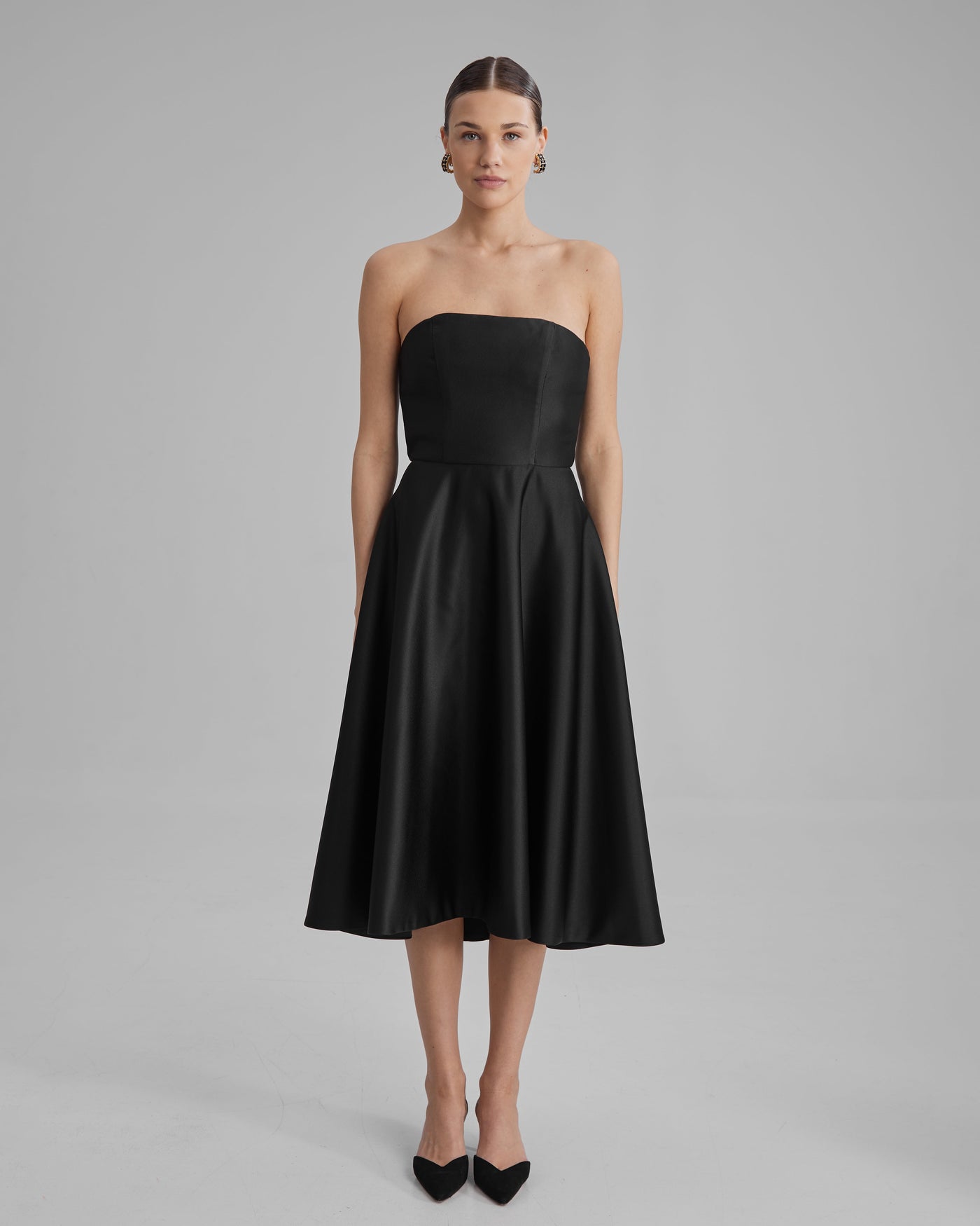 MIA DRESS | strapless A line midi in black